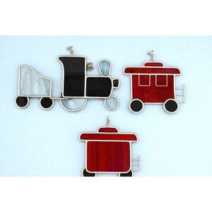 Vintage Stained Glass Sun Catcher Train Trio Locomotive Two Cars Ornaments